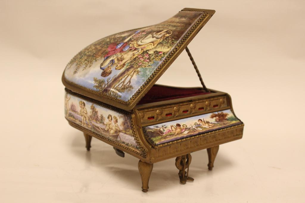 Good Piano Shape Enemal on Brass Music Box: 2 1/2" H 4" W 5 1/4" L . Working Condition