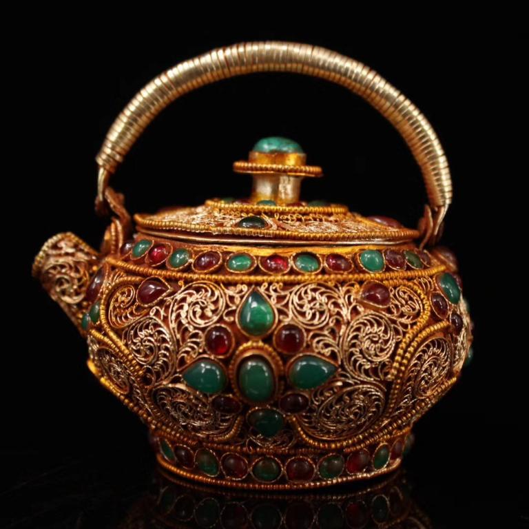 Chinese Gilt Silver Teapot Inlaid Gems (1 of 9)