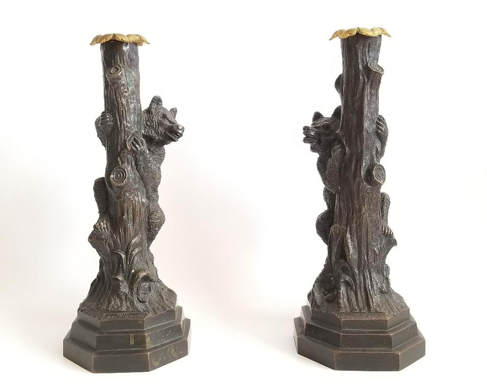 19C Russian Bronze Pair Candle holders Grachev: Rare 19C Russian Bronze Pair of Candle holders By Vasily Grachev Size: 11 1/4" ( 28,5 cm ) height, 4 3/8" ( 11 cm ) width. Signed on both bases. Condition: very good.