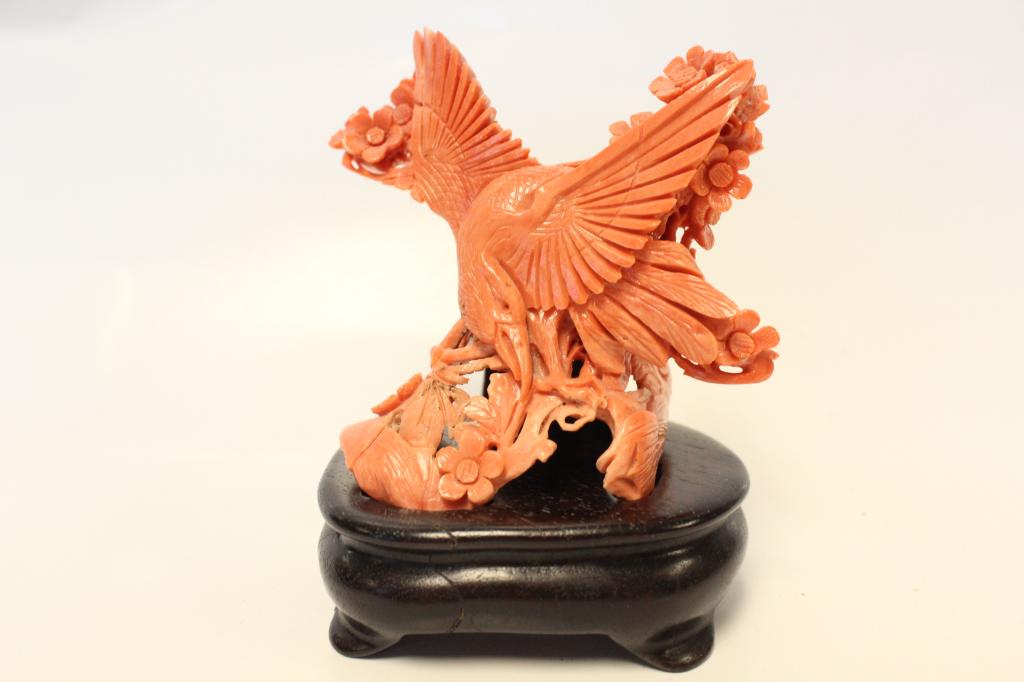 Chinese Coral Carved Bird and Flower: 4" by 4"