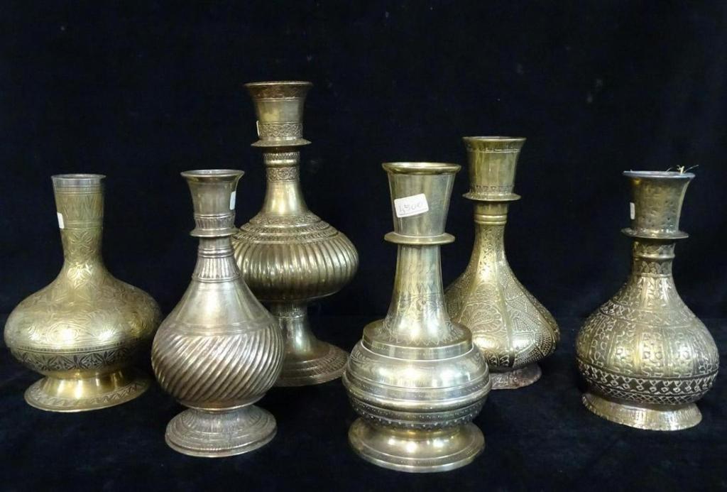 GROUP 6 SIX INDIAN BRASS VESSELS 11" TALLEST (1 of 4)