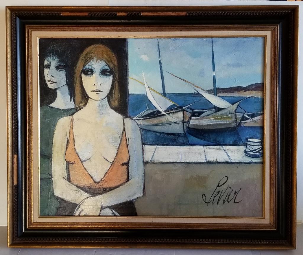 Oil Painting Charles Levier (French 1920 -2003): Oil on Canvas Painting by Charles Levier ( French 1920 - 2003 ) . The painting signed lower right and also signed and titled " Down en Port " on verso . Circa 1960's . Dimensions: 24" x 30" ( 61 x 76