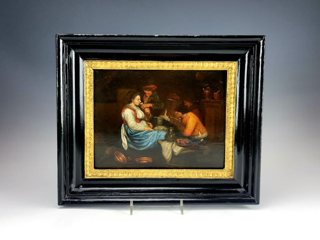 Antique Old Master Painting J.Steen style: Antique Dutch Old Master oil on board painting in Jan Steen Style . Tavern scene of man proffering a drink to a woman. Unsigned . 7" x 9 1/4" ( 18 x 23,5 cm ) image , 11" x 13" ( 28 x 33 cm ) frame. 1