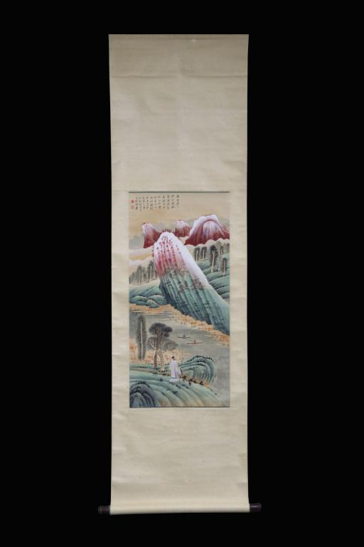 Chinese Ink Color Scroll Painting w Calligraphy (1 of 6)
