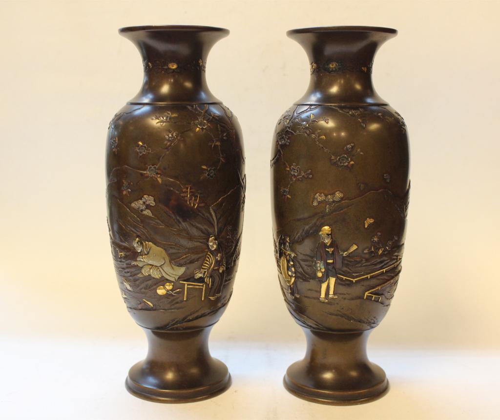 Pair of Japanese Bronze Vase w Silver Inlaid (1 of 9)