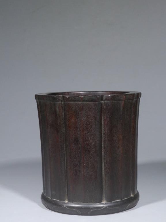 Chinese Zitan Wood Hand Carved Brushpot: 18.4cm H 17.3cm W Please note the absence of a condition report does not imply that there are no condition issues with this lot. Please contact us for a detailed condition report.