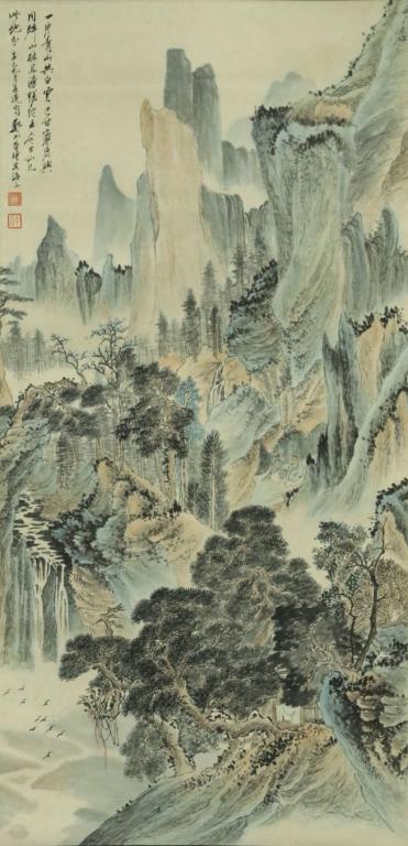 Chinese Ink Color Scroll Painting w Calligraphy (1 of 7)