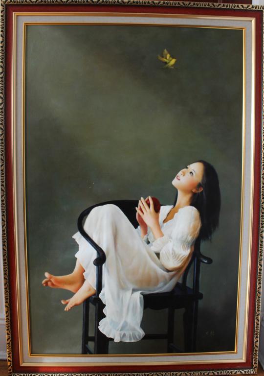 Oil on Canvas, Girl Seat on Chair, Signed: Oil on Canvas, Girl Seat on Chair, Signed . 47 1/2" H by 30 1/2" Please note the absence of a condition report does not imply that there are no condition issues with this lot. Please contact us for a