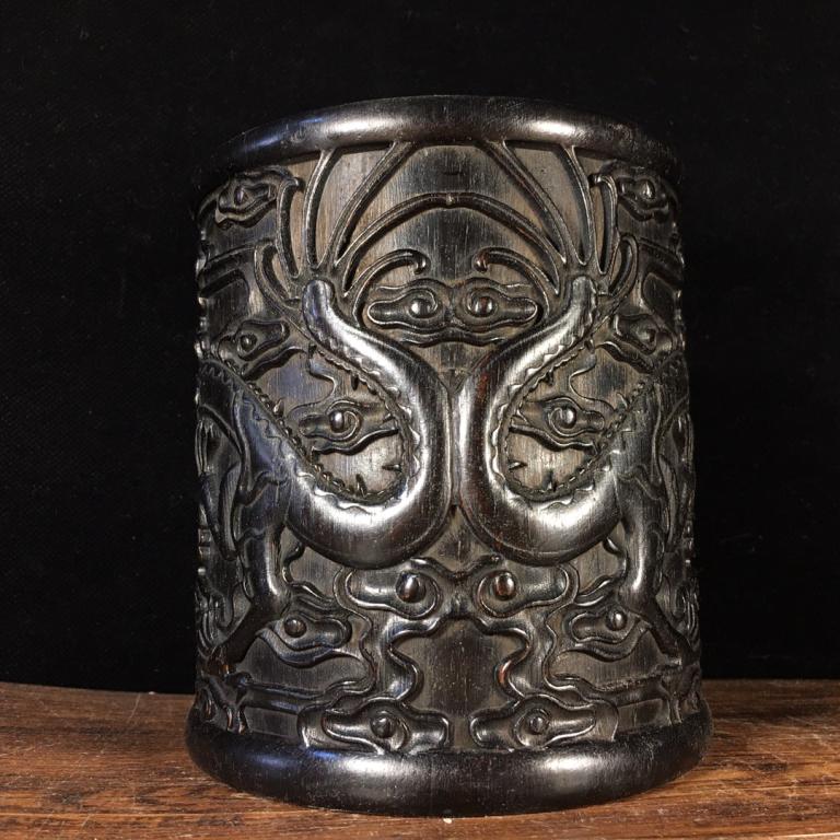 Chinese Wood Carved Brushpot: 14.5cm H by 13.5cm Please note the absence of a condition report does not imply that there are no condition issues with this lot. Please contact us for a detailed condition report.