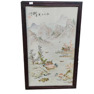 Chinese Famille Rose Porcelain Plaque w Calligraph: 35cm by 57.5cm Please note the absence of a condition report does not imply that there are no condition issues with this lot. Please contact us for a