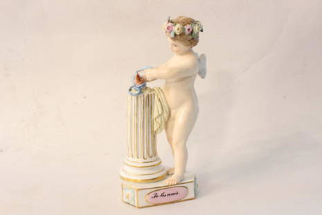 19th.C Meissen Cupid: 5 1/2" H Please note the absence of a condition report does not imply that there are no condition issues with this lot. Please contact us for a