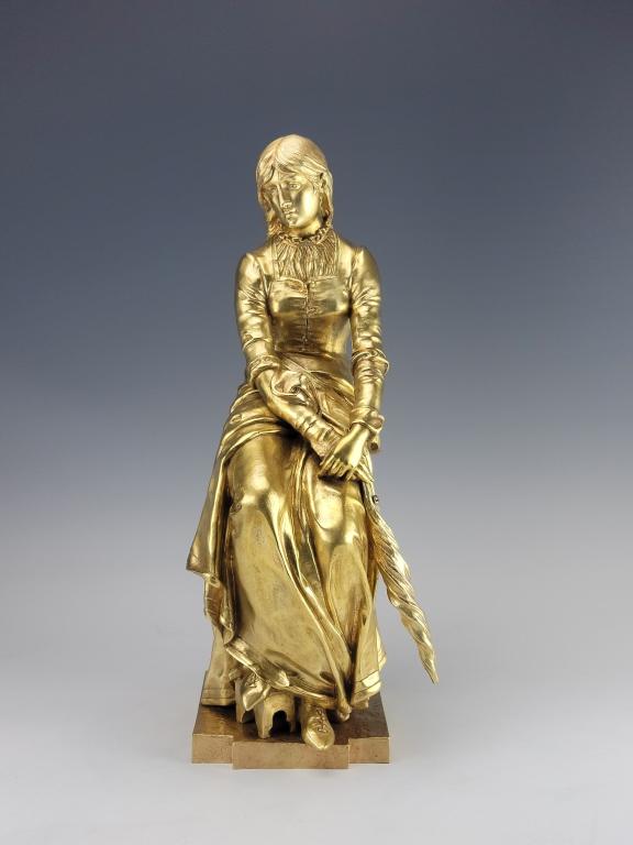 19C French Gilt Bronze Statue Marioton: Exquisite 19C French Gilt Bronze Statue by Eugene Marioton ( 1854 - 1925 ). The statue of young woman sitting with umbrella. Signed on the base "Eug. Marioton" and "Salon deBeaux Arts 1887" on other s
