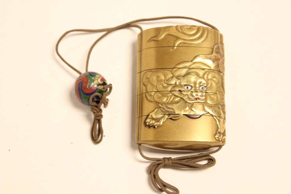 Japanese Lacquer Inro Box w Cloisonne: 7cm by 5cm Please note the absence of a condition report does not imply that there are no condition issues with this lot. Please contact us for a detailed condition report.