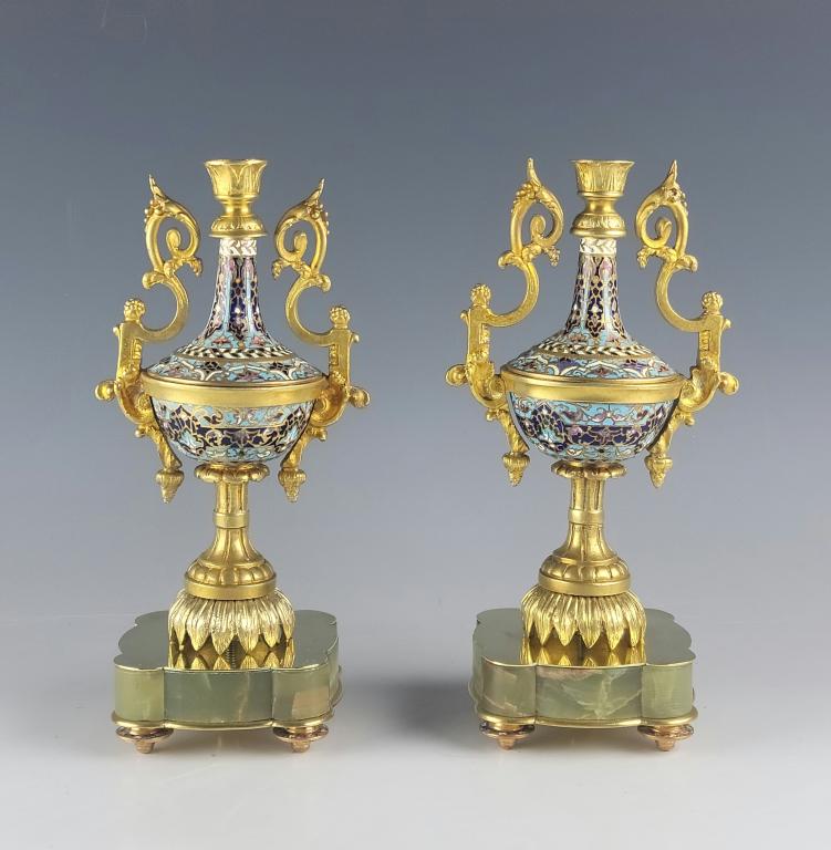 Antique French Bronze Enamel Candleholders (1 of 6)