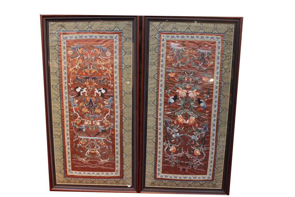 Pair of Chinese Silk Embroidery: 26 1/2" by 13 3/4" Please note the absence of a condition report does not imply that there are no condition issues with this lot. Please contact us for a detailed condition report.