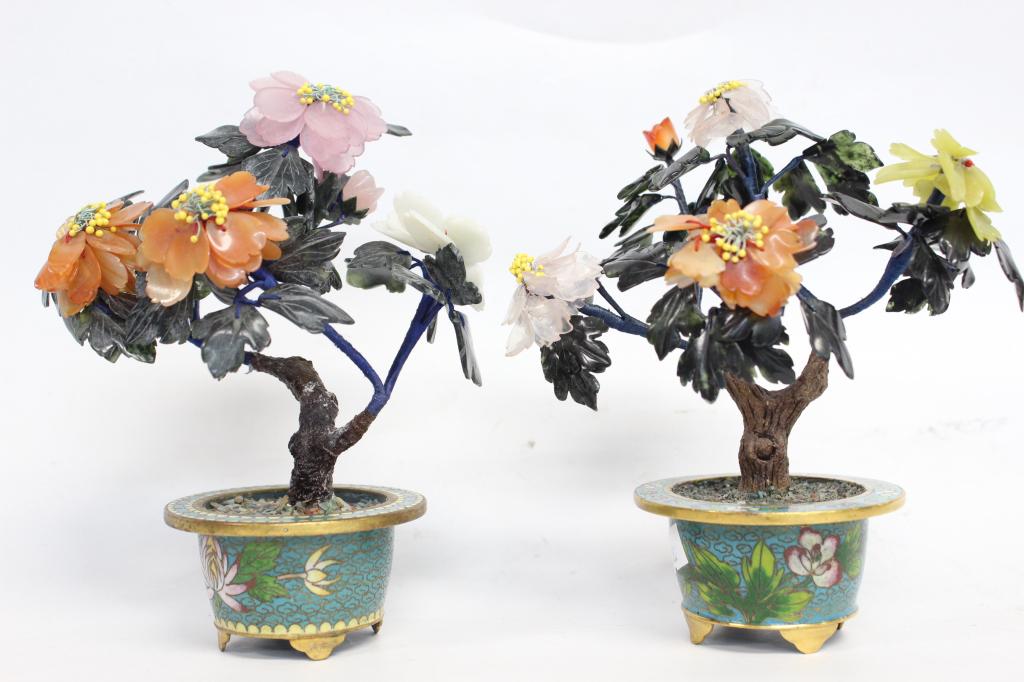 Two Chinese Jade Quartz Bonsai Tree on Cloisonne S (1 of 6)