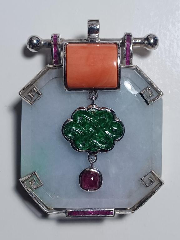 CHINESE White Jade And Red Coral Silver 925 Pendan (1 of 8)