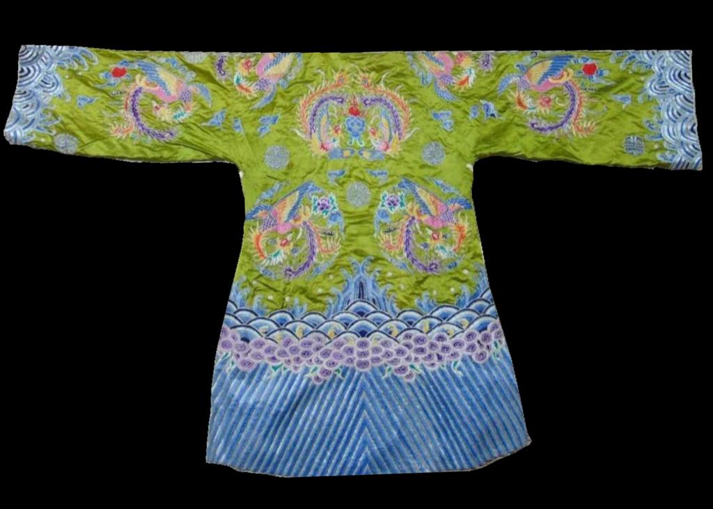 Antique Chinese Silk Embroidered Robe with Phoenix: CHINESE QING DYNASTY SILK Phoenix Court ROBE w Green Palace Imperial Fabric . Wonderful waves technique and finely embroidered. Width across chest: 23" (double for full chest size) Very Good condition