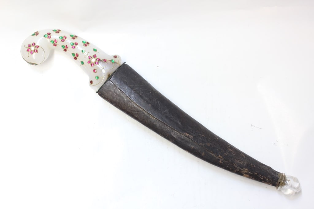 A MUGHAL-Style Jade Dagger/Knife with Gem Inlay: 17" L Overall 9 1/2" L Blade Size Please note the absence of a condition report does not imply that there are no condition issues with this lot. Please contact us for a detailed condition report.