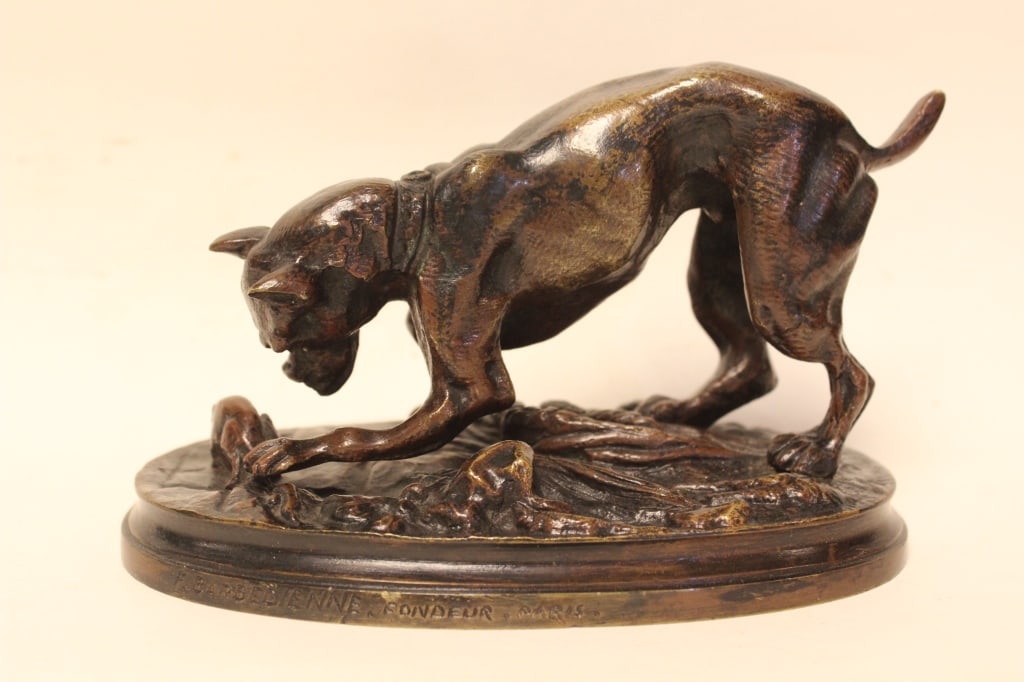 SIGNED BARYE BRONZE OF DOG AND MOUSE SCULPTURE, (1 of 9)