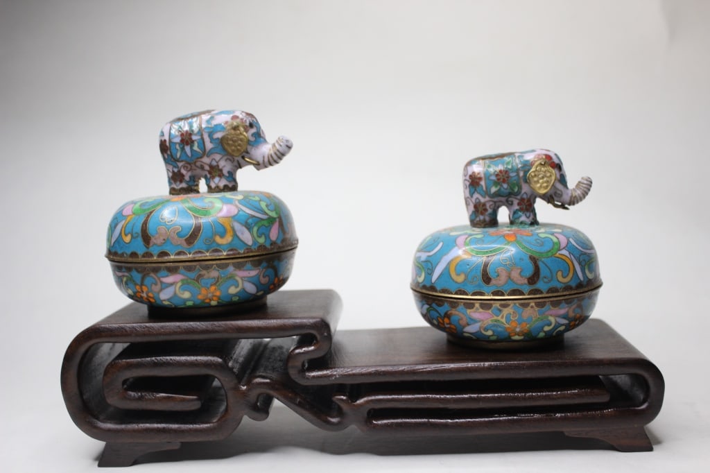 Pair of Chinese Cloisonne Music Box w Wood Stand (1 of 3)