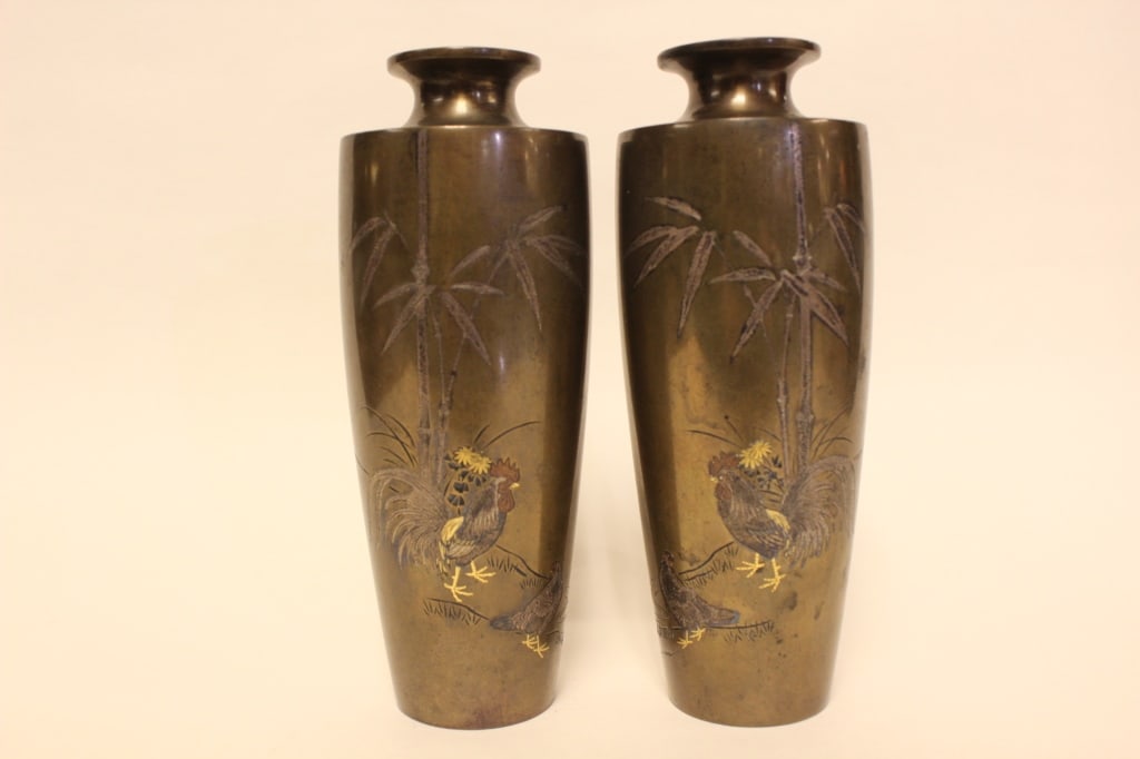 Pair of Japanese Mix-Metal Bronze Vases (1 of 6)