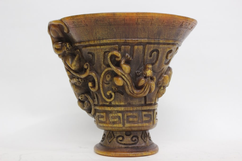 Chinese Carved Vessel: Chinese Carved Vessel 4 1/2" H by 5" W Please note the absence of a condition report does not imply that there are no condition issues with this lot. Please contact us for a detailed condition report.