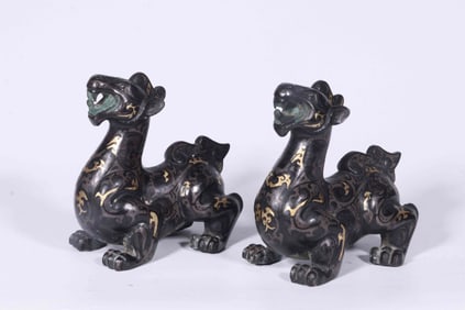 Pair of Chinese Bronze Paper Weight w Gold Inlaid