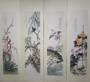 Chinese Ink Color Scroll Painting Set,Signed