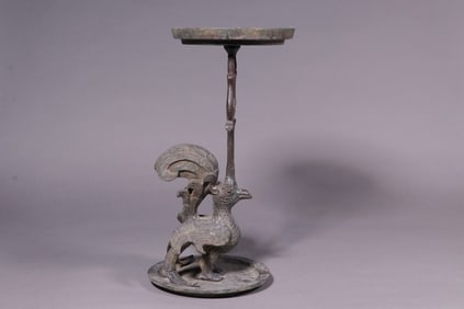 Chinese Bronze Oil Lamp w Phoenix
