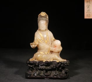 Chinese Furong Soapstone Carved Guanyin Statue