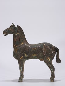 Chinese Archaic Bronze Horse w Silver and Gold Inl