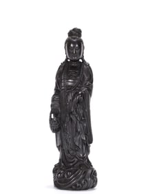 Chinese Zitan Wood Carved Guanyin Hold a Basket