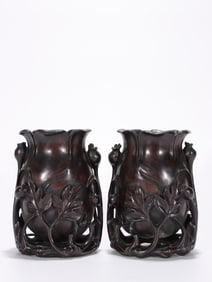 Pair of Chinese Zitan Wood Carved Vases