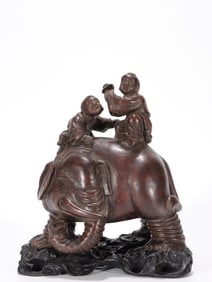Chinese ChengxiangWoodCarved Boys Ride on Elephant