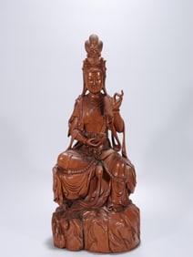 Chinese Huangyang  Wood Carved Guanyin Statue
