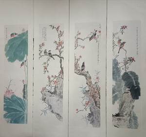 Chinese Ink Color Scroll Painting Set,Signed