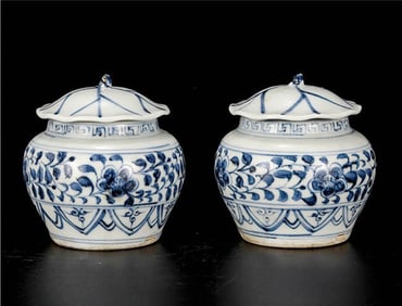 Pair of Chinese Blue and White Porcelain Cover Jar