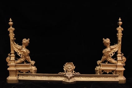 Pair Antique Patinated Gilt Bronze Fire Chenets