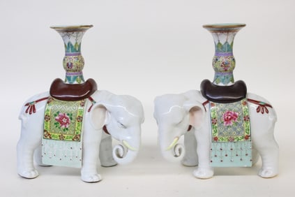 Pair of Chinese Famille Rose Elephant Candlestick