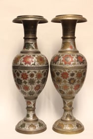 Pair of Indian Enamel on Brass Vases