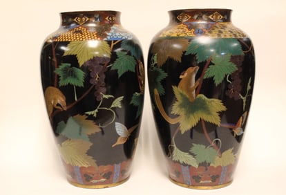 Pair of Vintage 19th.C Cloisonne Vases w Animals