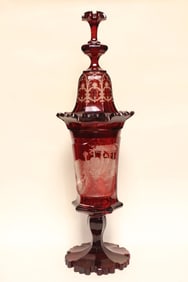 Antique Bohemian Ruby Red Engraved Glass Goblet