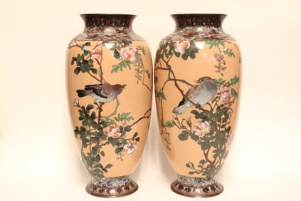 Pair of Vintage Cloisonne Birds&Flowers Vases