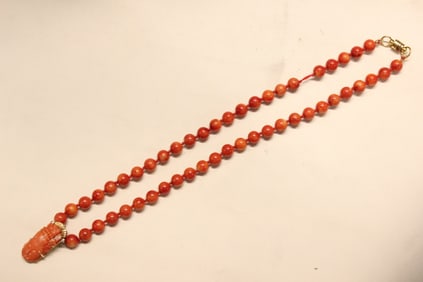 Gold and Coral Necklace w Coral Figural Pendant