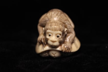 Japanese Bone Carved Monkey and Turtle,Signed