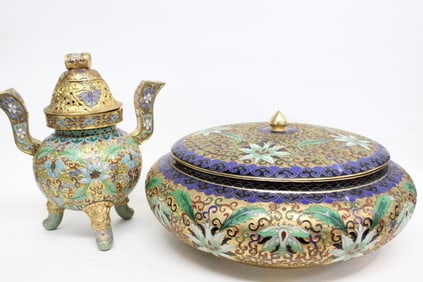 Chinese Cloisonne Incense Burner and Round Box