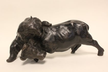 Japanese Bronze Fighting Bear&Buffalo Sculpture
