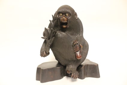 Japanese Mix-Metal Bronze Monkey on Wood Stand
