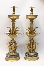 Pair of Gilted Bronze Figural Stands w Green Marbl